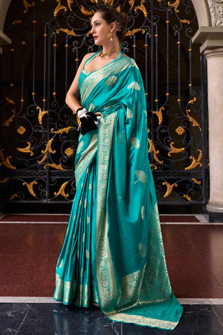 Sea Green Color Satin Silk Fabric Saree with Chic Weaving Designs