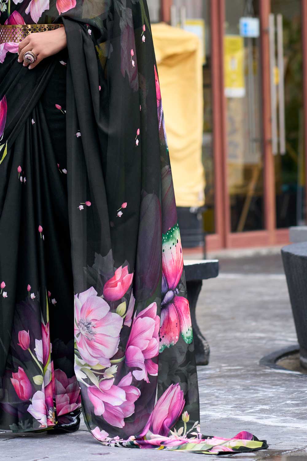 Beatific Floral Printed Saree In Black Georgette Fabric