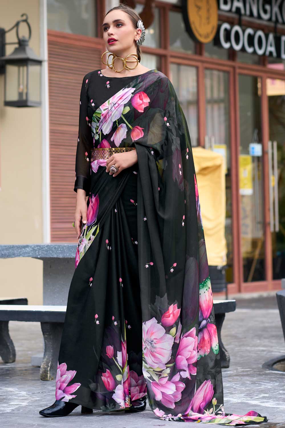 Beatific Floral Printed Saree In Black Georgette Fabric