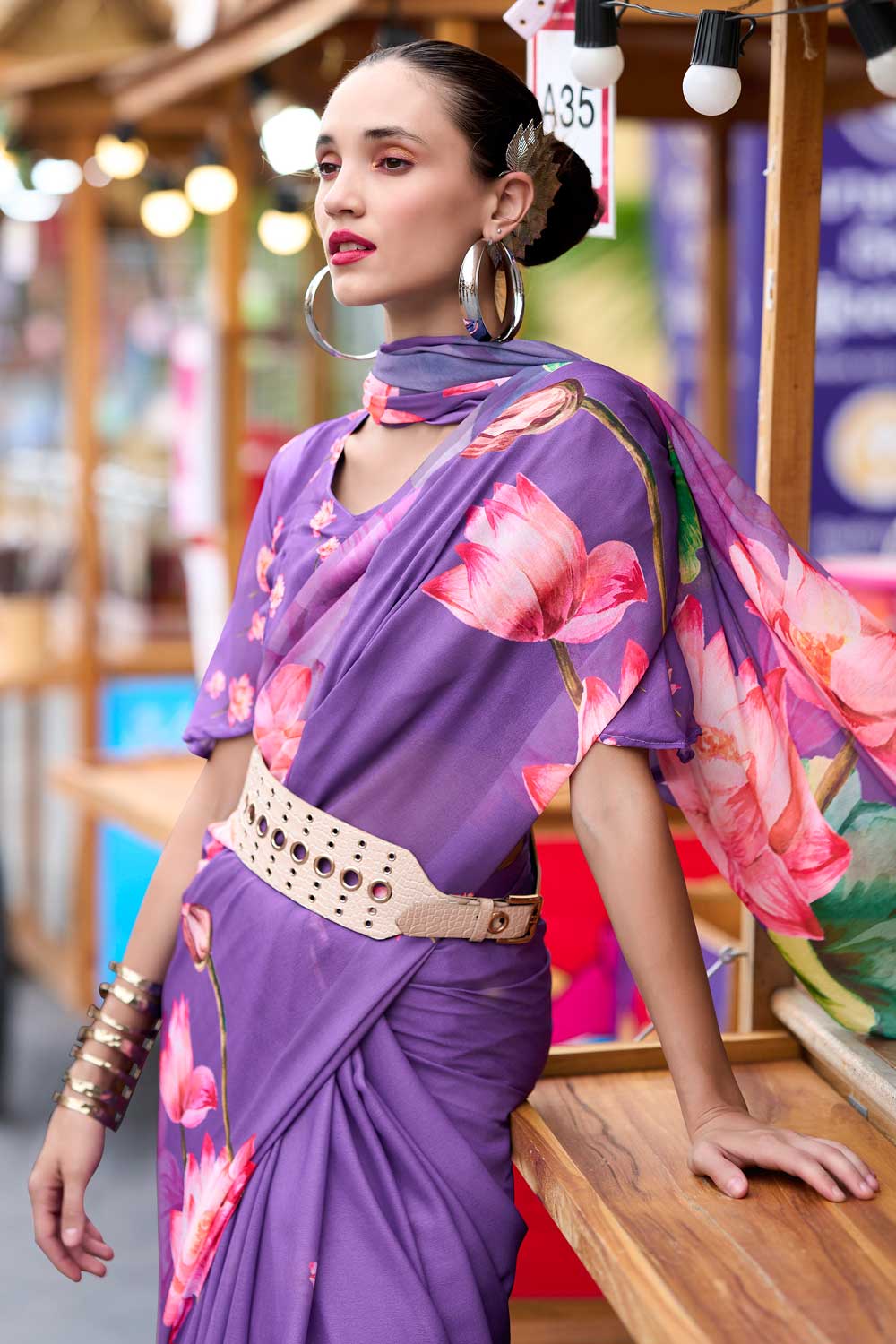 Captivating Purple Floral Printed Saree In Georgette Fabric