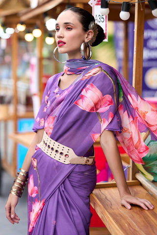 Captivating Purple Floral Printed Saree In Georgette Fabric