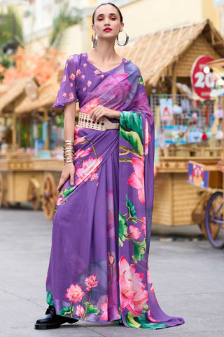 Captivating Purple Floral Printed Saree In Georgette Fabric