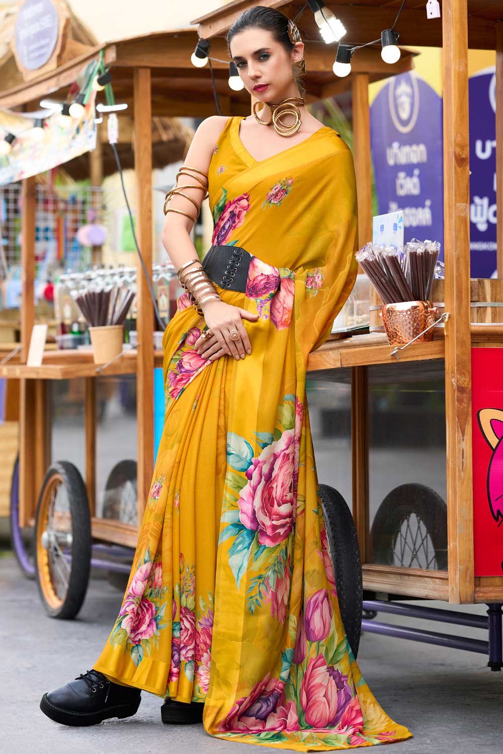 Yellow Floral Printed Saree with Ethereal Georgette Fabric