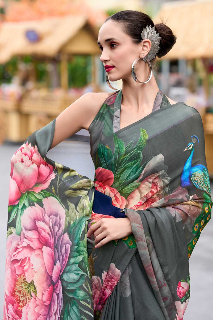 Glamorous Georgette Fabric Floral Printed Saree in Grey Color | Buy Online India