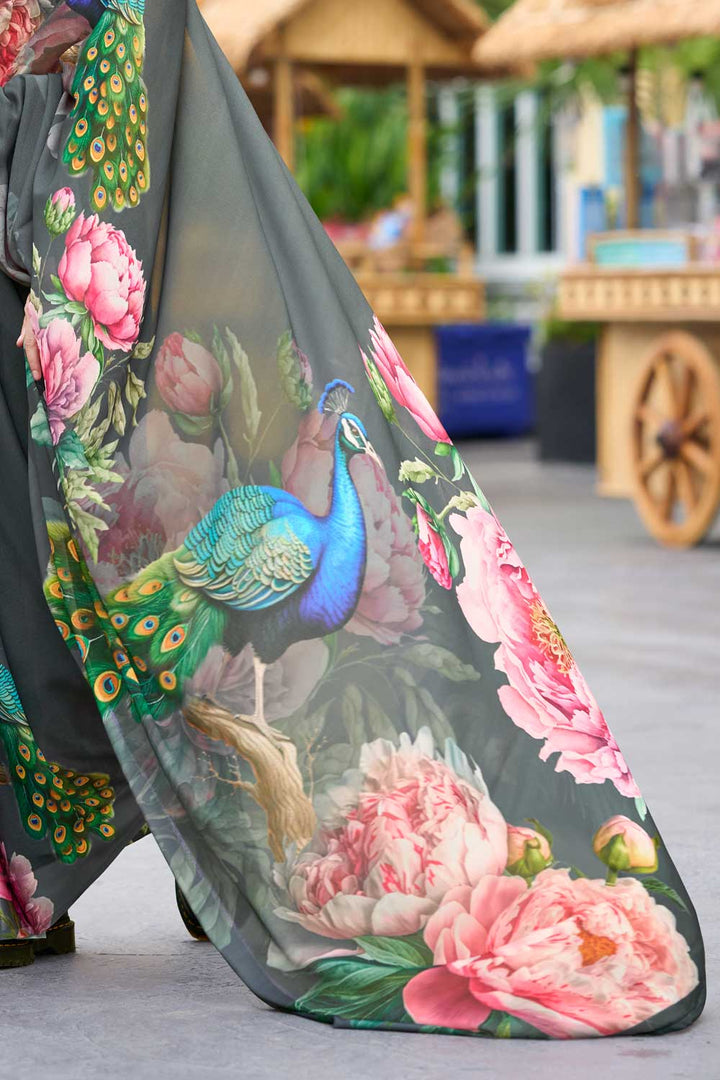 Glamorous Georgette Fabric Floral Printed Saree in Grey Color | Buy Online India