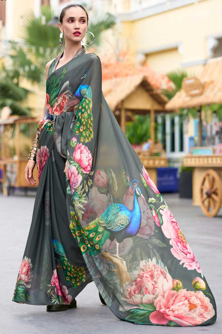 Glamorous Georgette Fabric Floral Printed Saree in Grey Color | Buy Online India