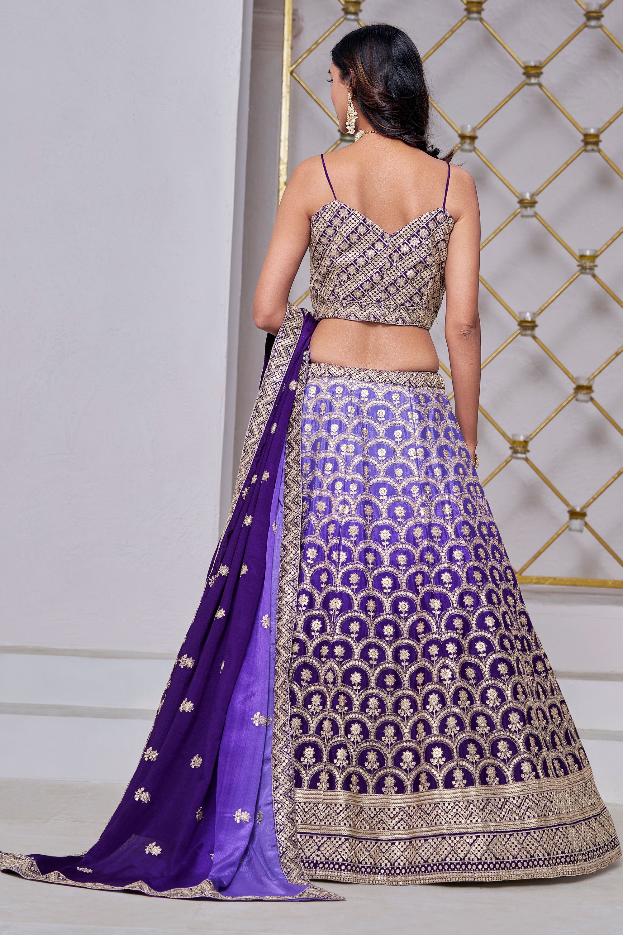 Elegance Dark Purple Chinon Sangeet Wear Lehenga Choli