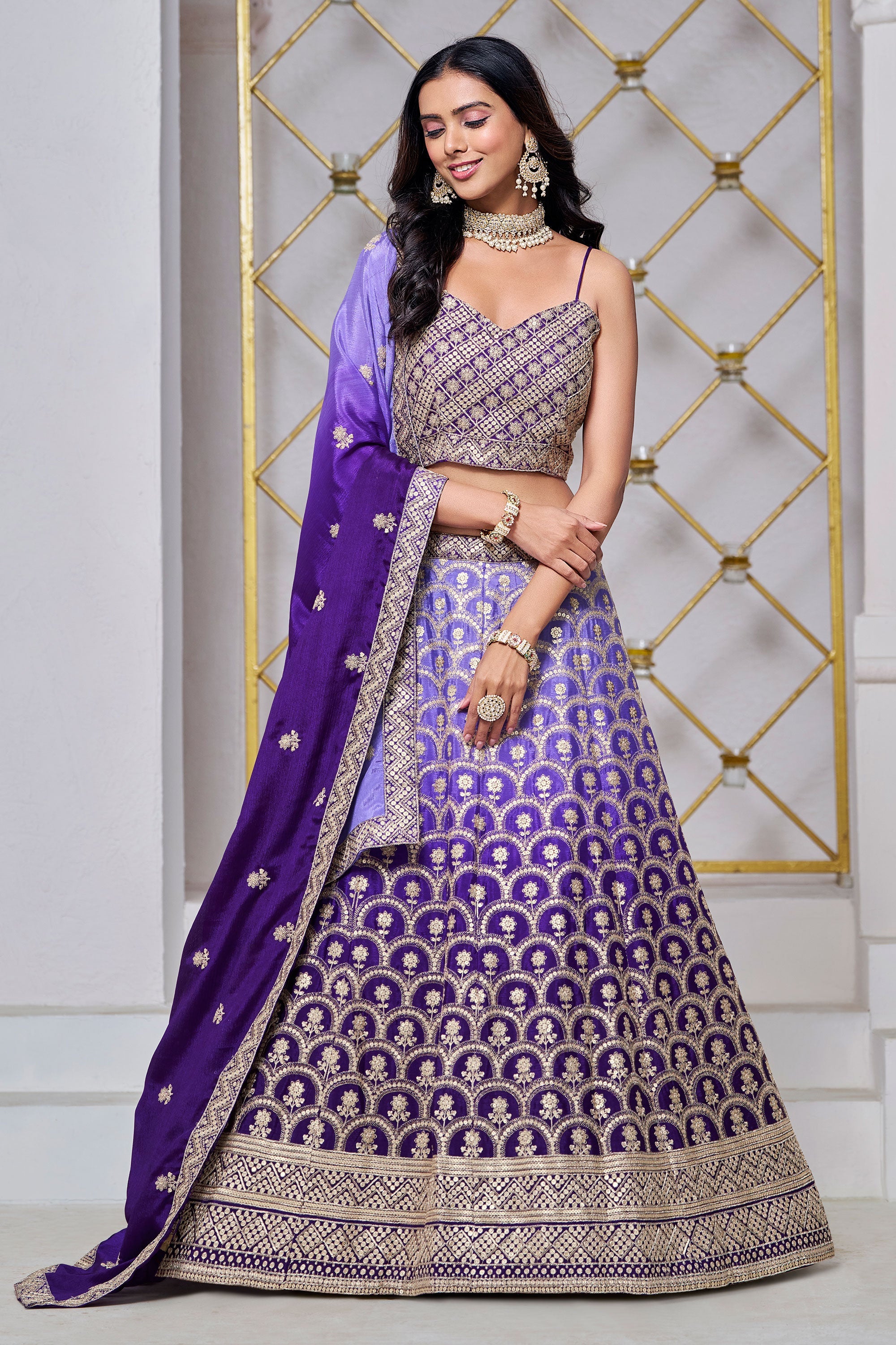 Elegance Dark Purple Chinon Sangeet Wear Lehenga Choli