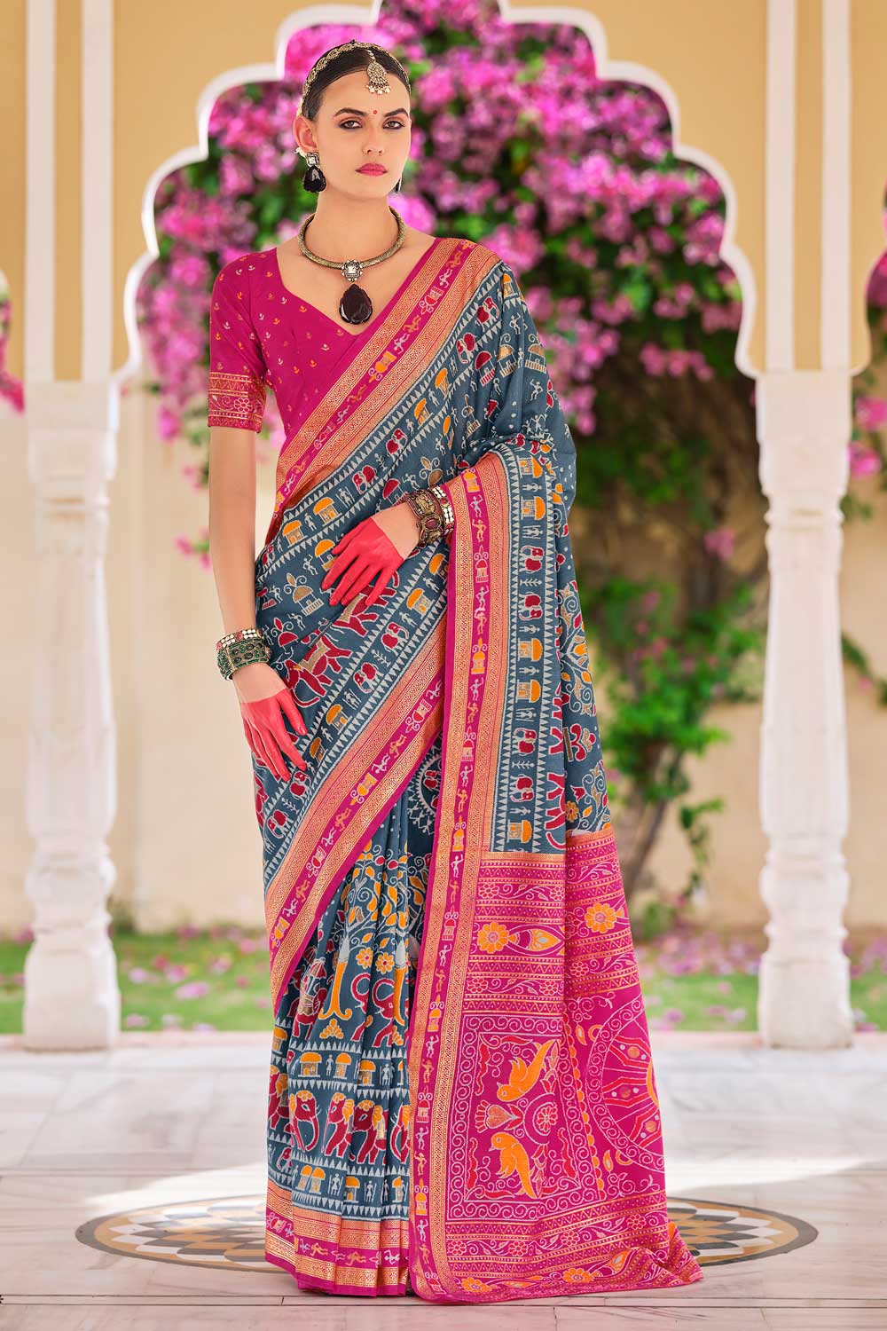 Grey Color Exquisite Art Silk Printed Saree