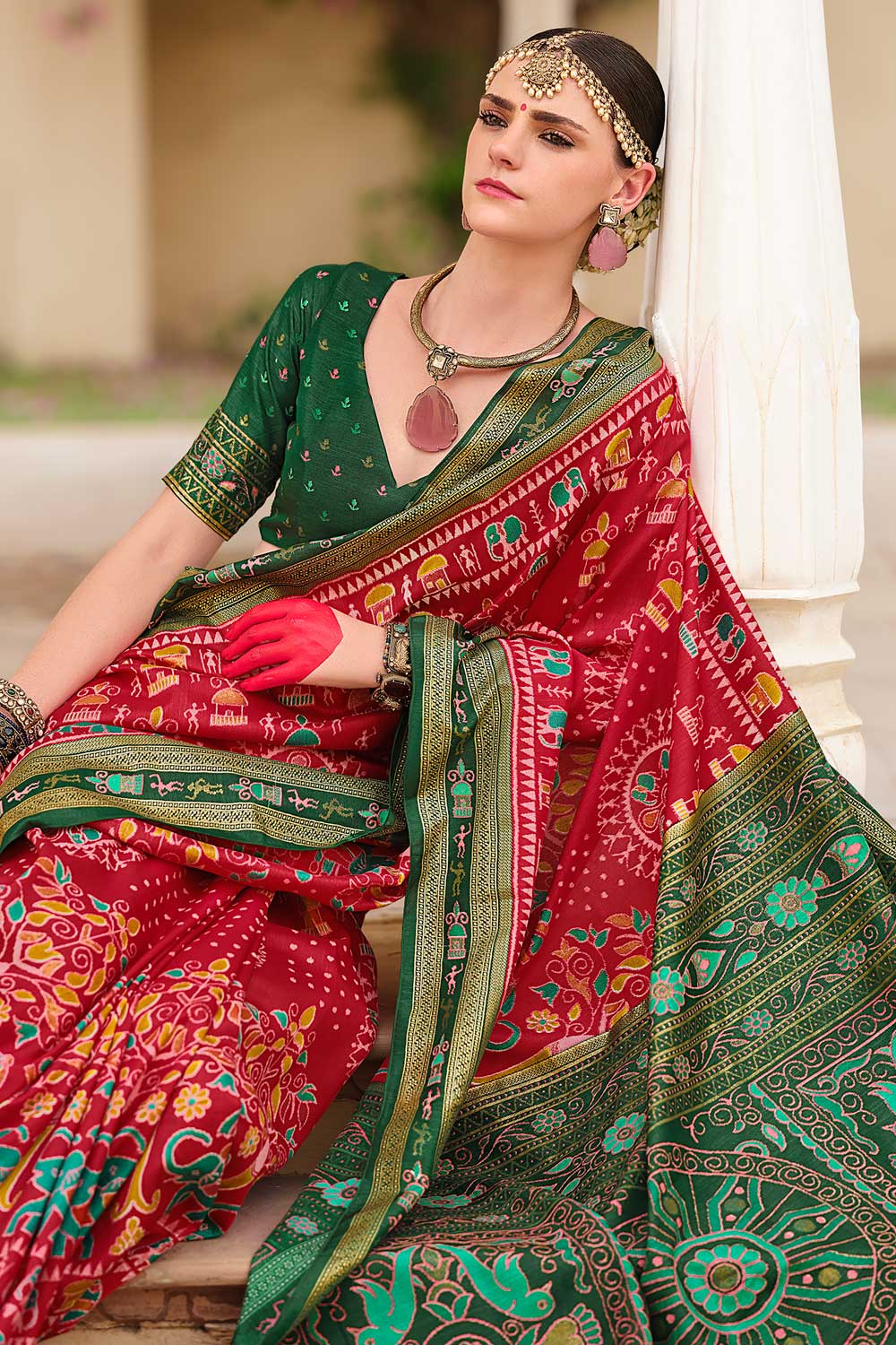 Attractive Art Silk Printed Saree In Red Color