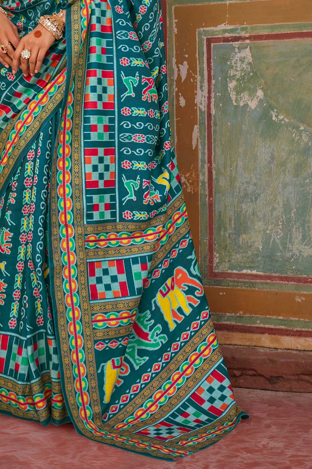 Imposing Art Silk Printed Saree In Teal Color