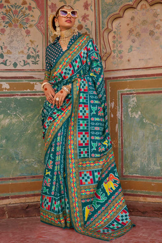 Imposing Art Silk Printed Saree In Teal Color