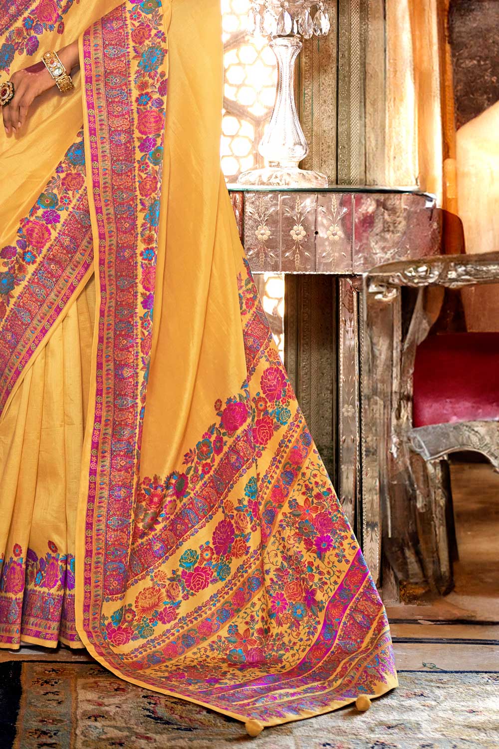 Trendy Art Silk Yellow Color Saree With Printed Work