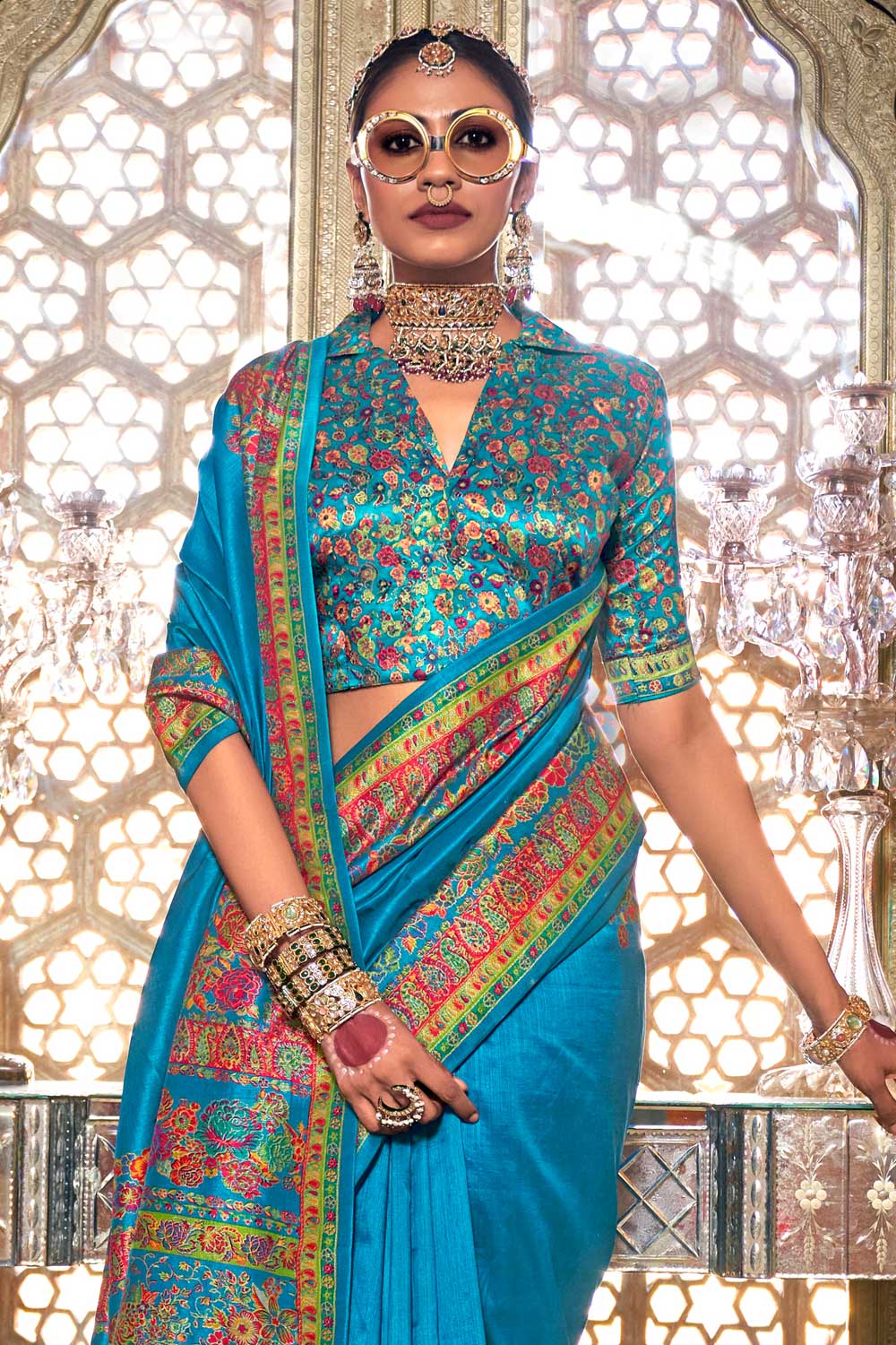 Amazing Printed Work On Cyan Color Art Silk Saree | Buy Online India
