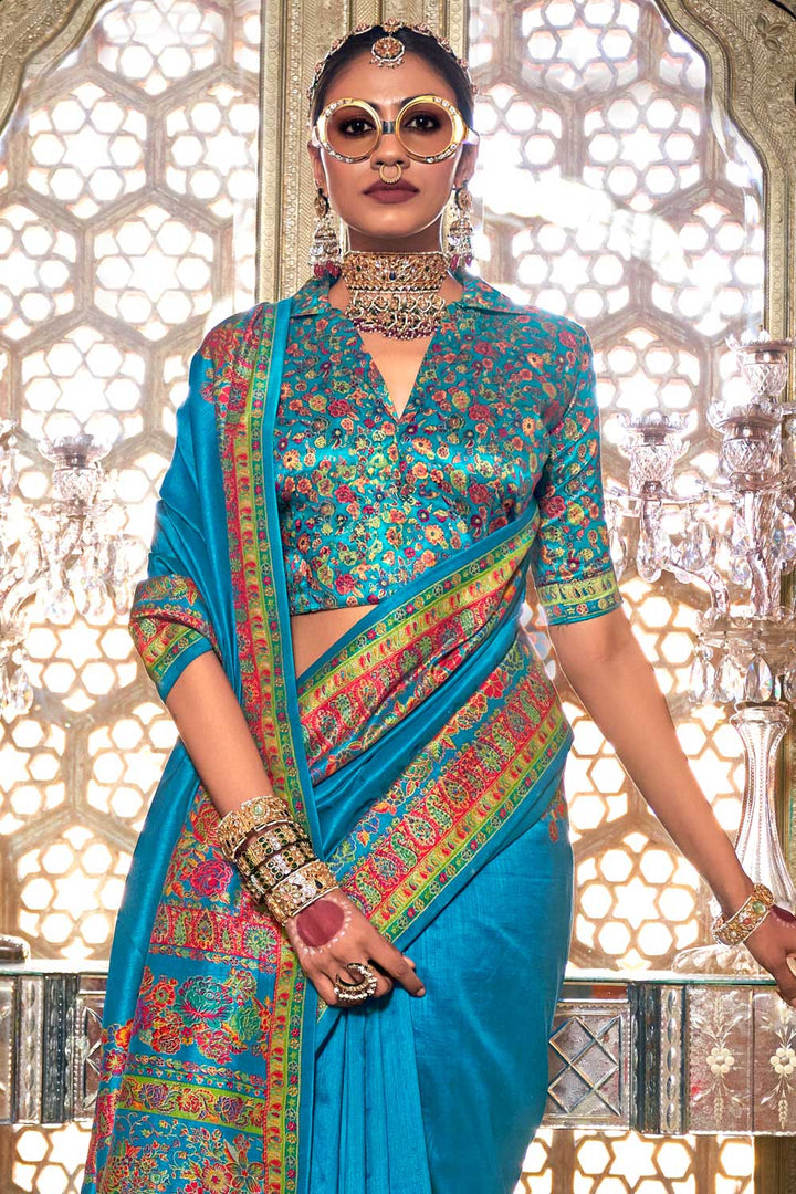 Amazing Printed Work On Cyan Color Art Silk Saree | Buy Online India