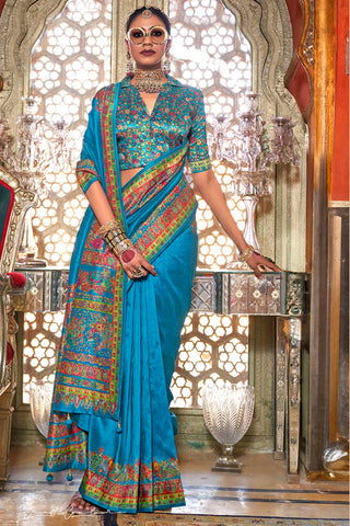 Amazing Printed Work On Cyan Color Art Silk Saree