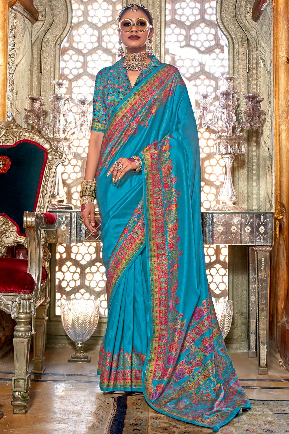 Amazing Printed Work On Cyan Color Art Silk Saree