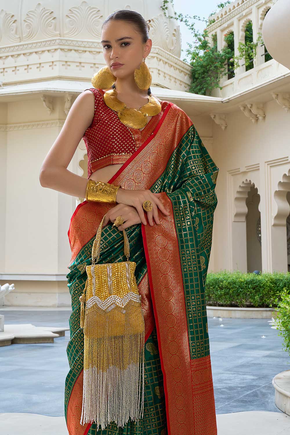 Classic Weaving Work On Green Color Banarasi Silk Saree