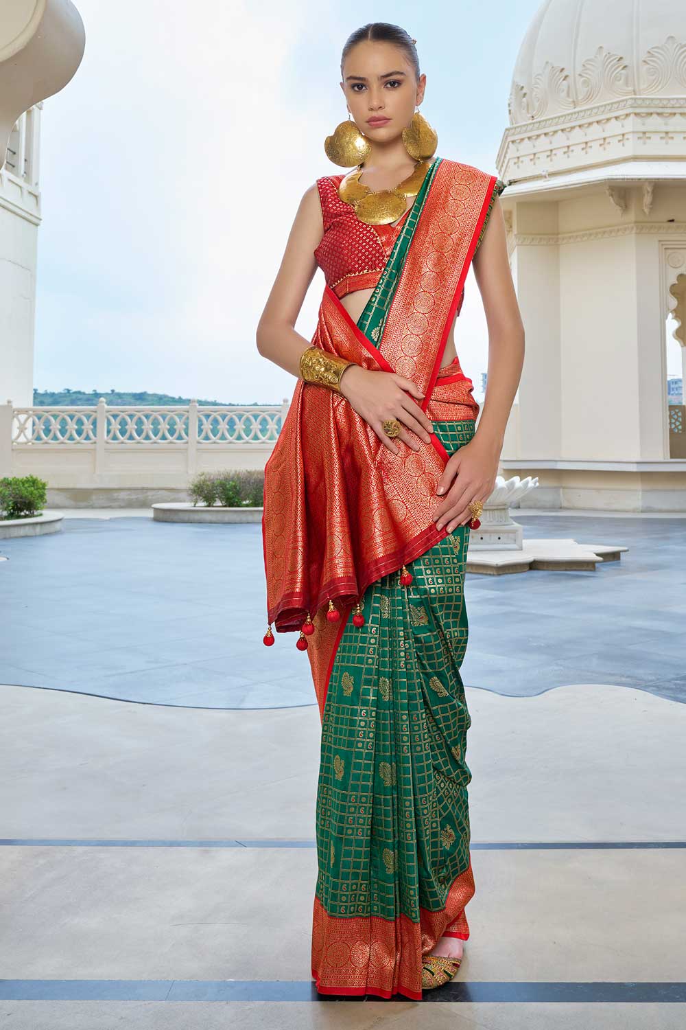 Classic Weaving Work On Green Color Banarasi Silk Saree