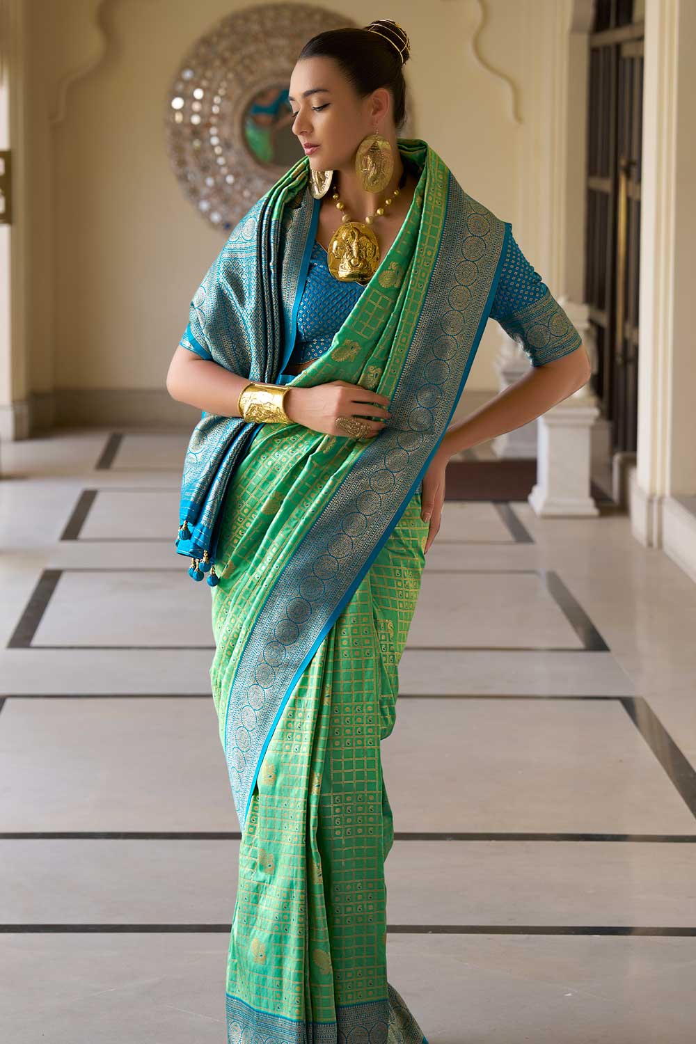 Creative Weaving Work On Banarasi Silk Saree In Sea Green Color