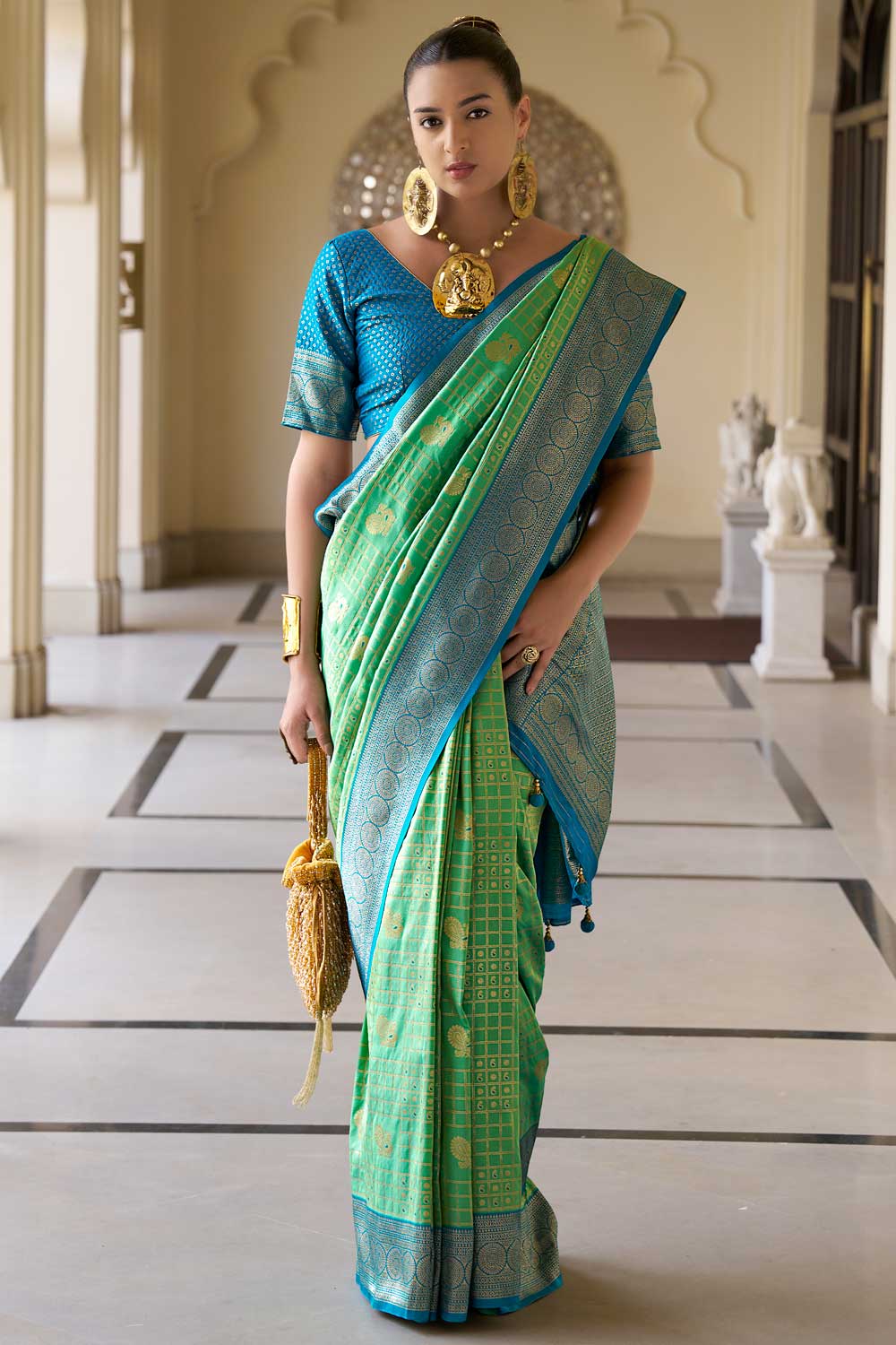 Creative Weaving Work On Banarasi Silk Saree In Sea Green Color