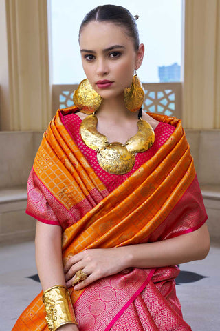 Marvellous Weaving Work On Banarasi Silk Saree In Orange Color