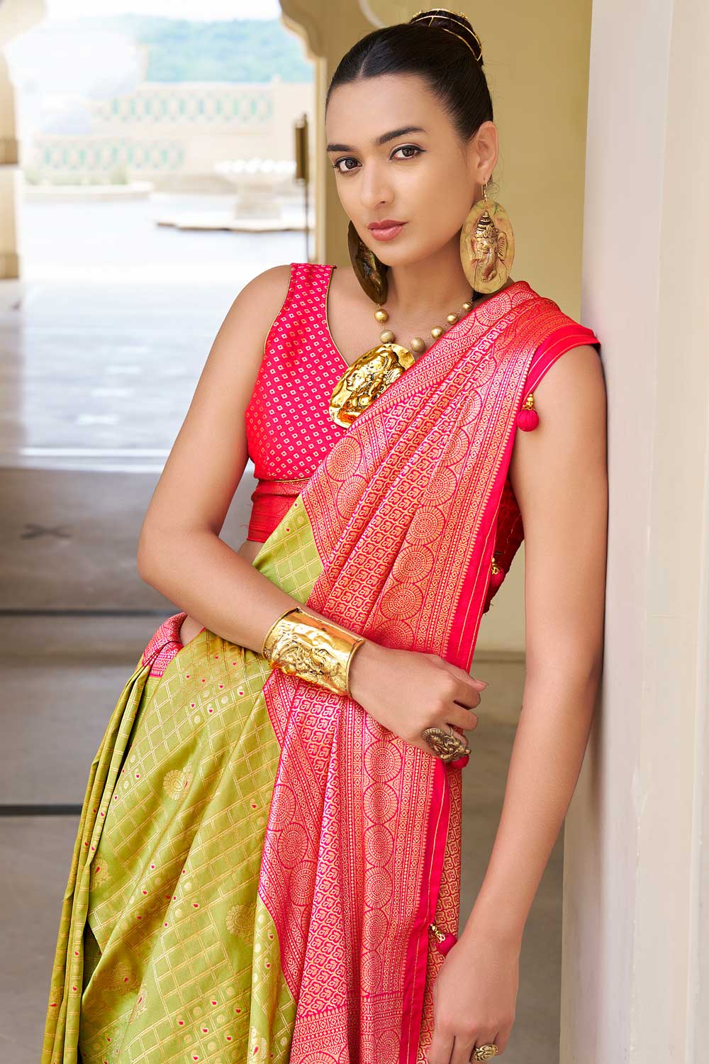 Tempting Olive Color Banarasi Silk Saree With Weaving Work