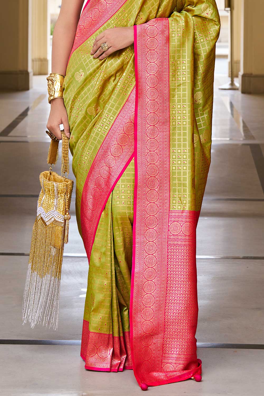 Tempting Olive Color Banarasi Silk Saree With Weaving Work