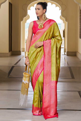 Tempting Olive Color Banarasi Silk Saree With Weaving Work