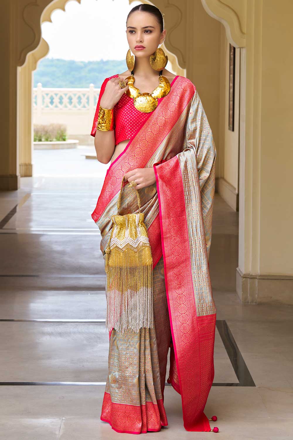 Engaging Light Cyan Color Banarasi Silk Saree With Weaving Work