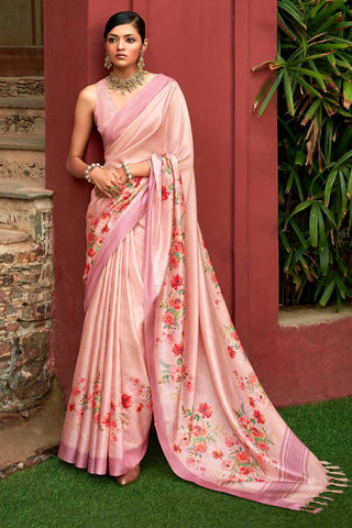 Excellent Art Silk Fabric Floral Printed Saree In Pink Color