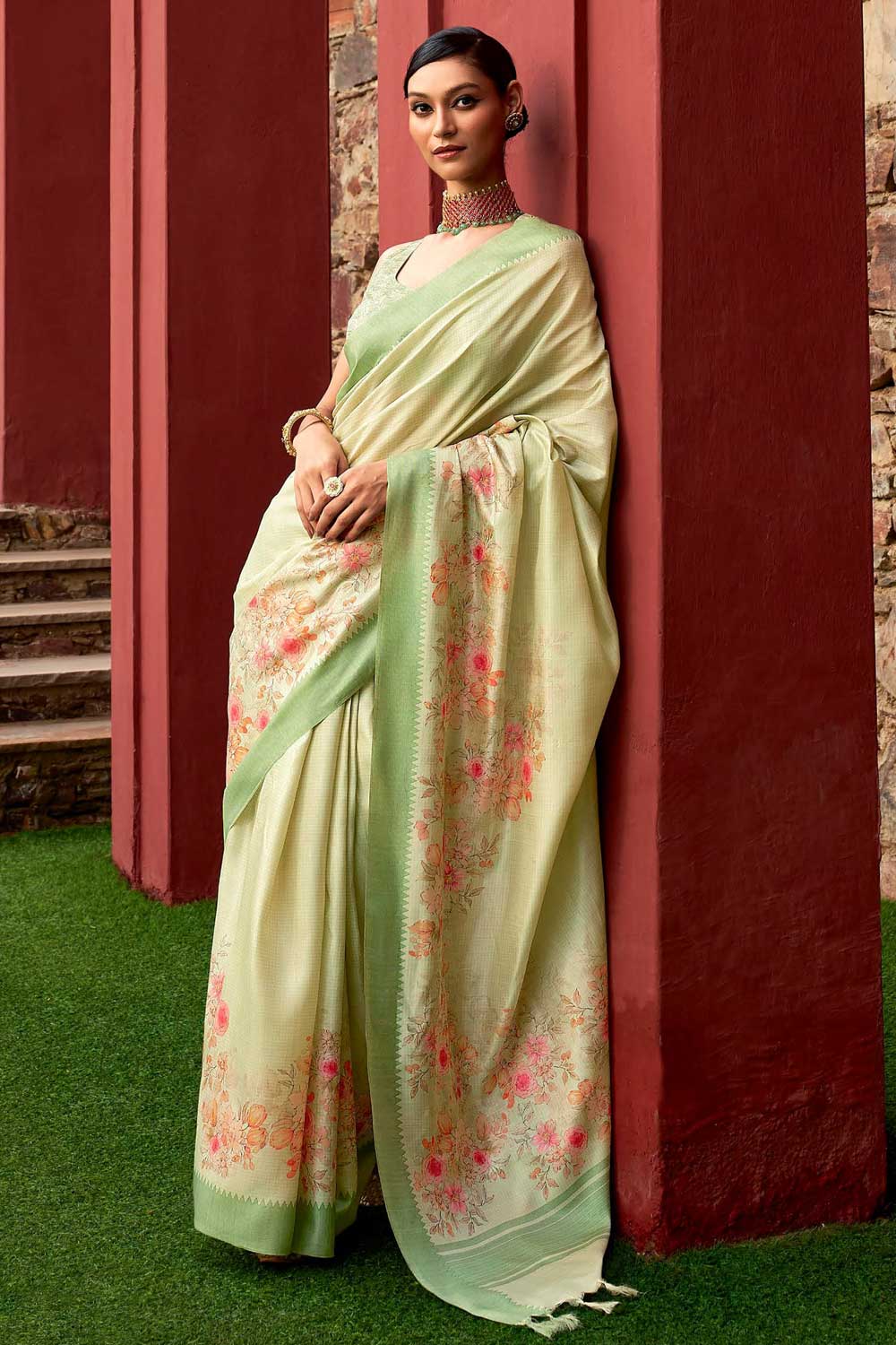 Art Silk Fabric Sea Green Color Patterned Floral Printed Saree