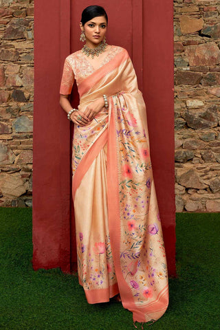 Peach Color Art Silk Fabric Engaging Floral Printed Saree