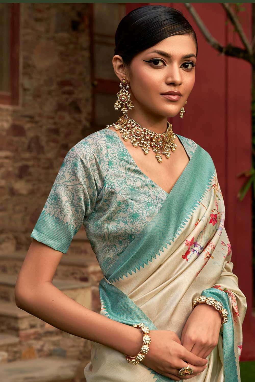 Beige Color Sober Floral Printed Saree In Art Silk Fabric | Buy Online India