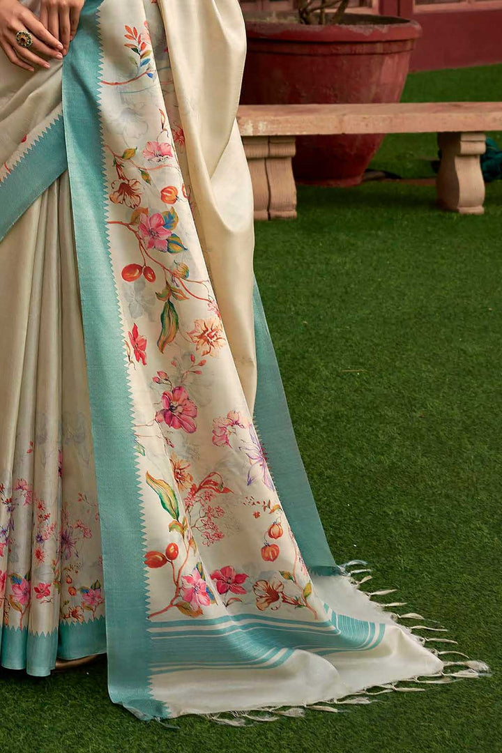 Beige Color Sober Floral Printed Saree In Art Silk Fabric | Buy Online India