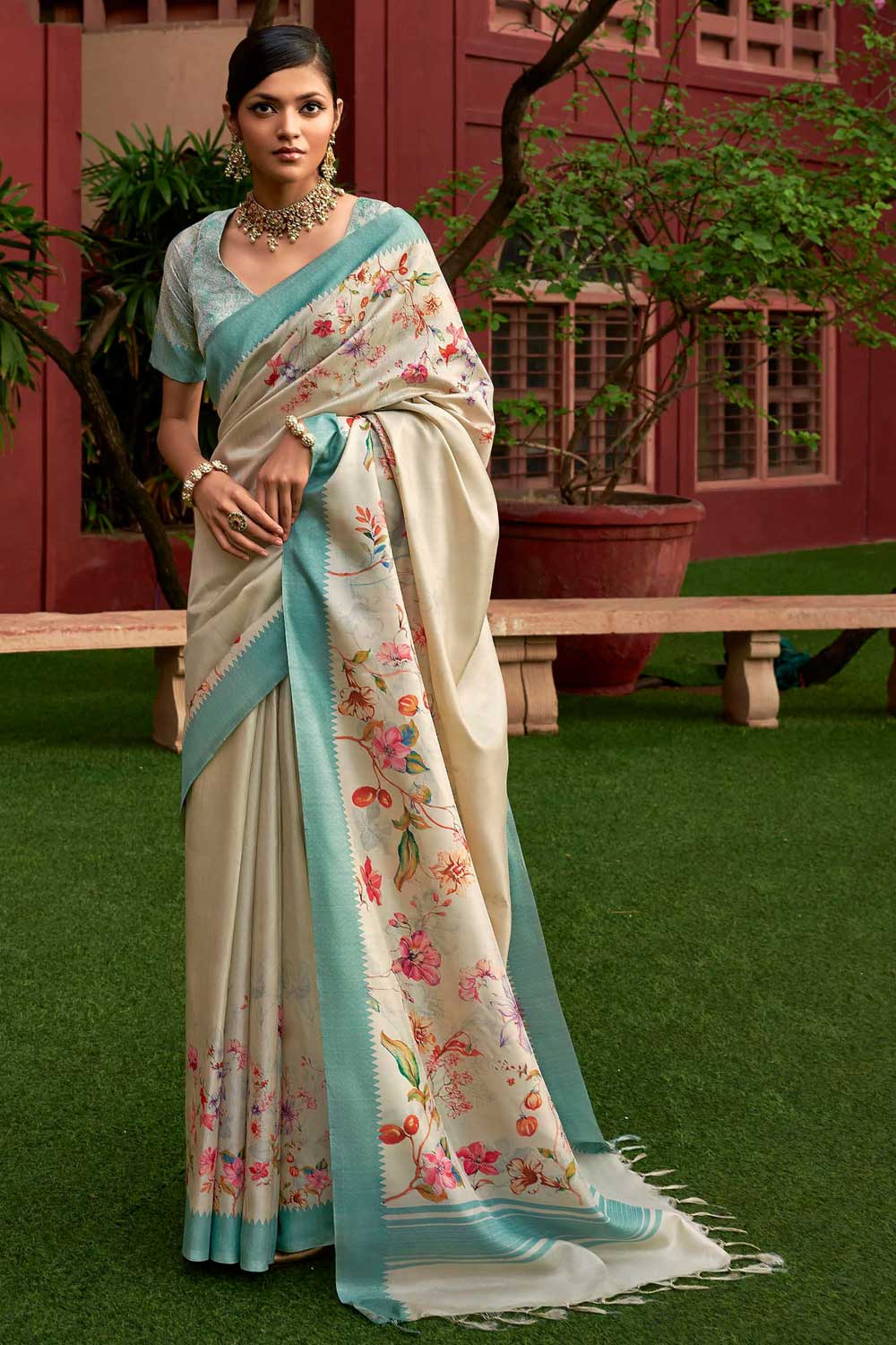 Beige Color Sober Floral Printed Saree In Art Silk Fabric