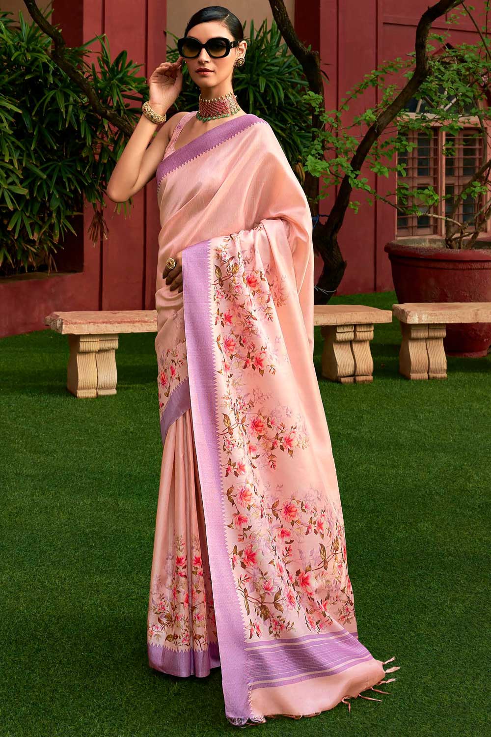 Creative Pink Color Art Silk Fabric Floral Printed Saree