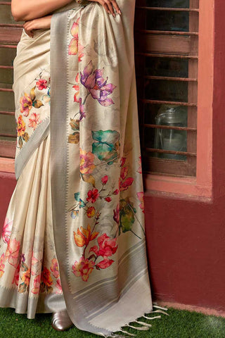 Excellent Art Silk Fabric Beige Color Floral Printed Saree