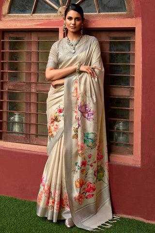 Excellent Art Silk Fabric Beige Color Floral Printed Saree