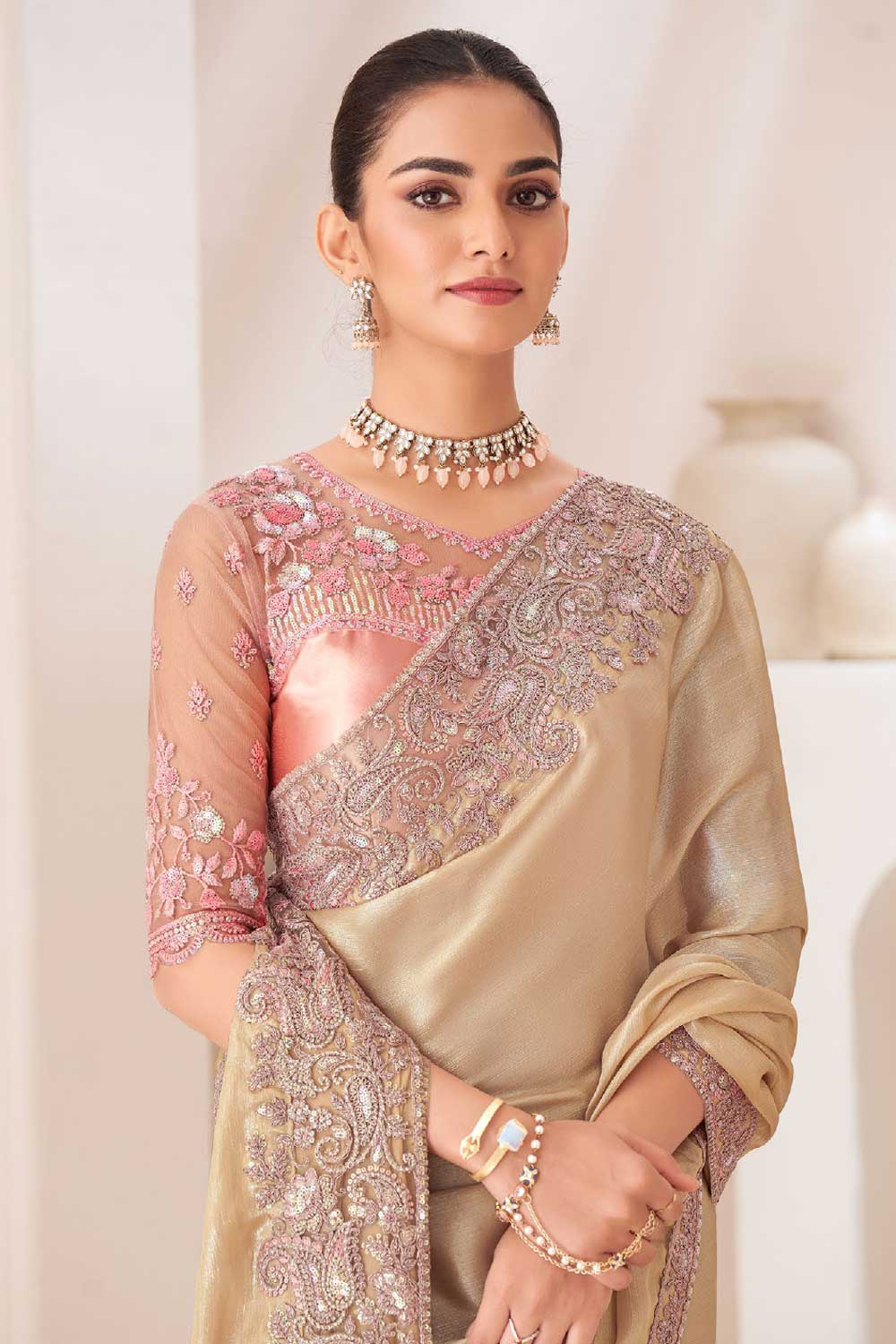 Tempting Chiffon Fabric Beige Color Saree With Border Work