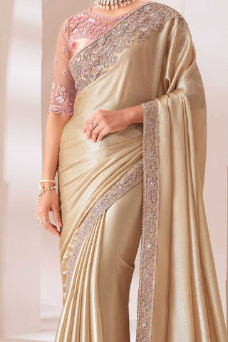 Tempting Chiffon Fabric Beige Color Saree With Border Work