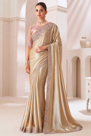 Tempting Chiffon Fabric Beige Color Saree With Border Work