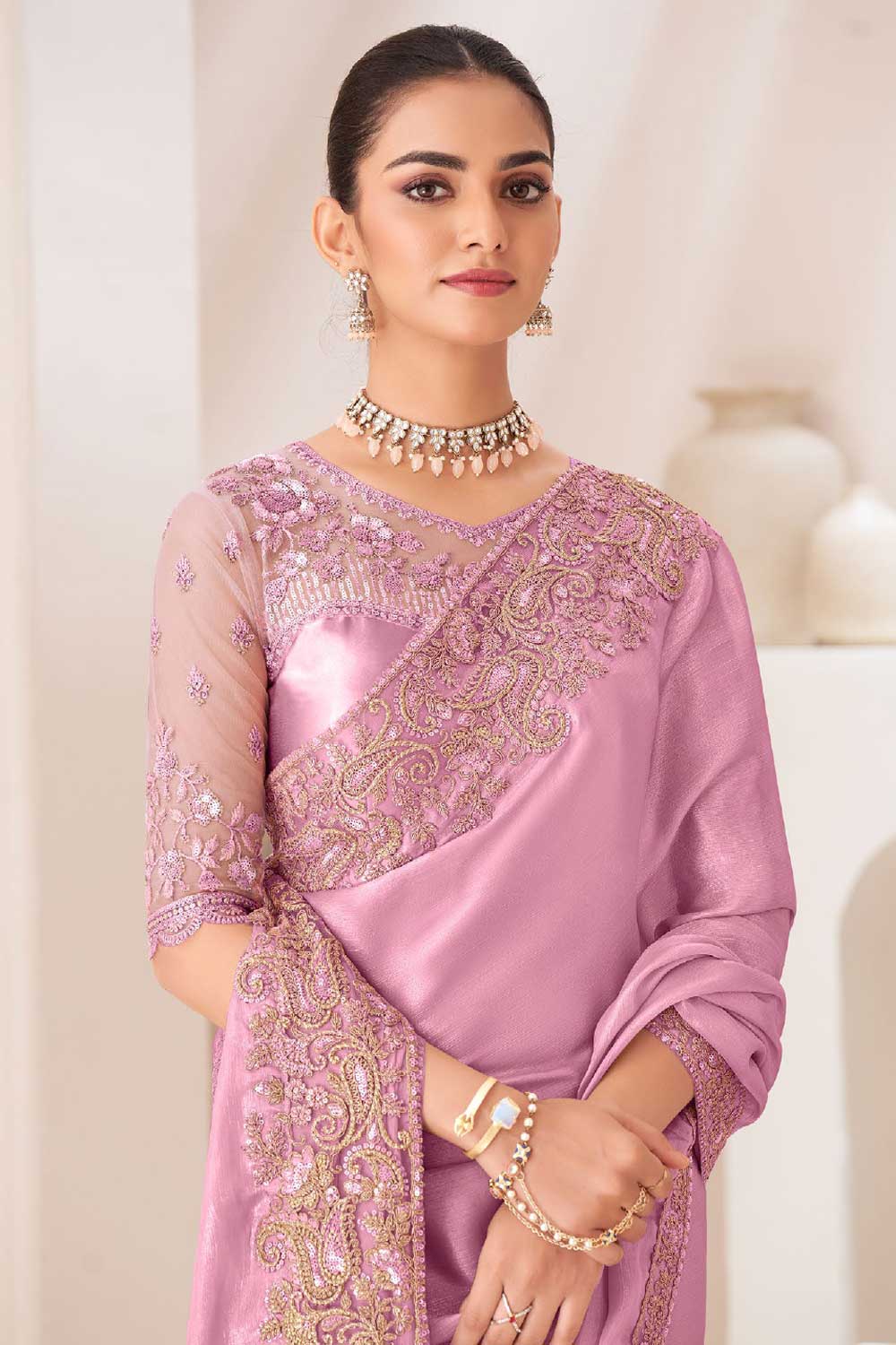 Chiffon Fabric Pink Color Delicate Saree With Border Work