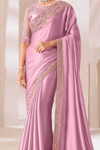 Chiffon Fabric Pink Color Delicate Saree With Border Work