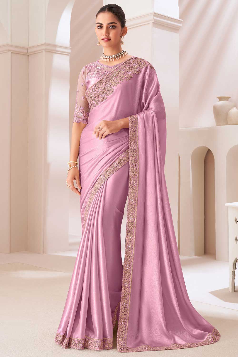 Chiffon Fabric Pink Color Delicate Saree With Border Work