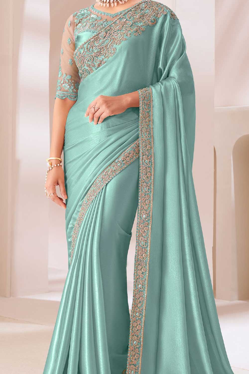 Engaging Sea Green Color Chiffon Fabric Saree With Border Work