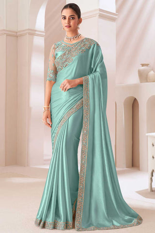 Engaging Sea Green Color Chiffon Fabric Saree With Border Work