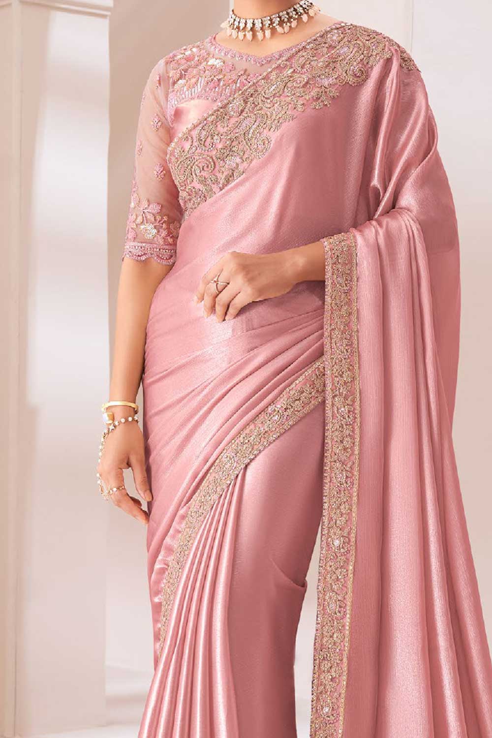 Amazing Border Work On Peach Color Chiffon Fabric Saree