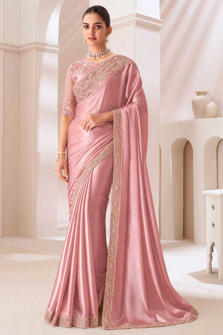 Amazing Border Work On Peach Color Chiffon Fabric Saree