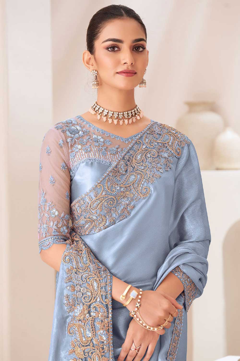 Beguiling Border Work On Sky Blue Color Chiffon Fabric Saree